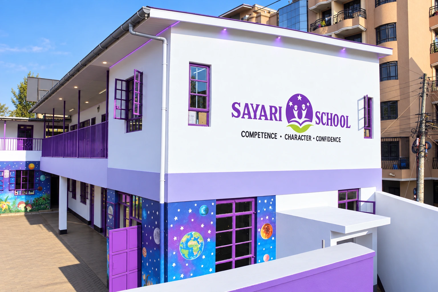 Artistically enhanced photograph of Sayari Rainbow Campus, with cleaned surfaces and refined lighting